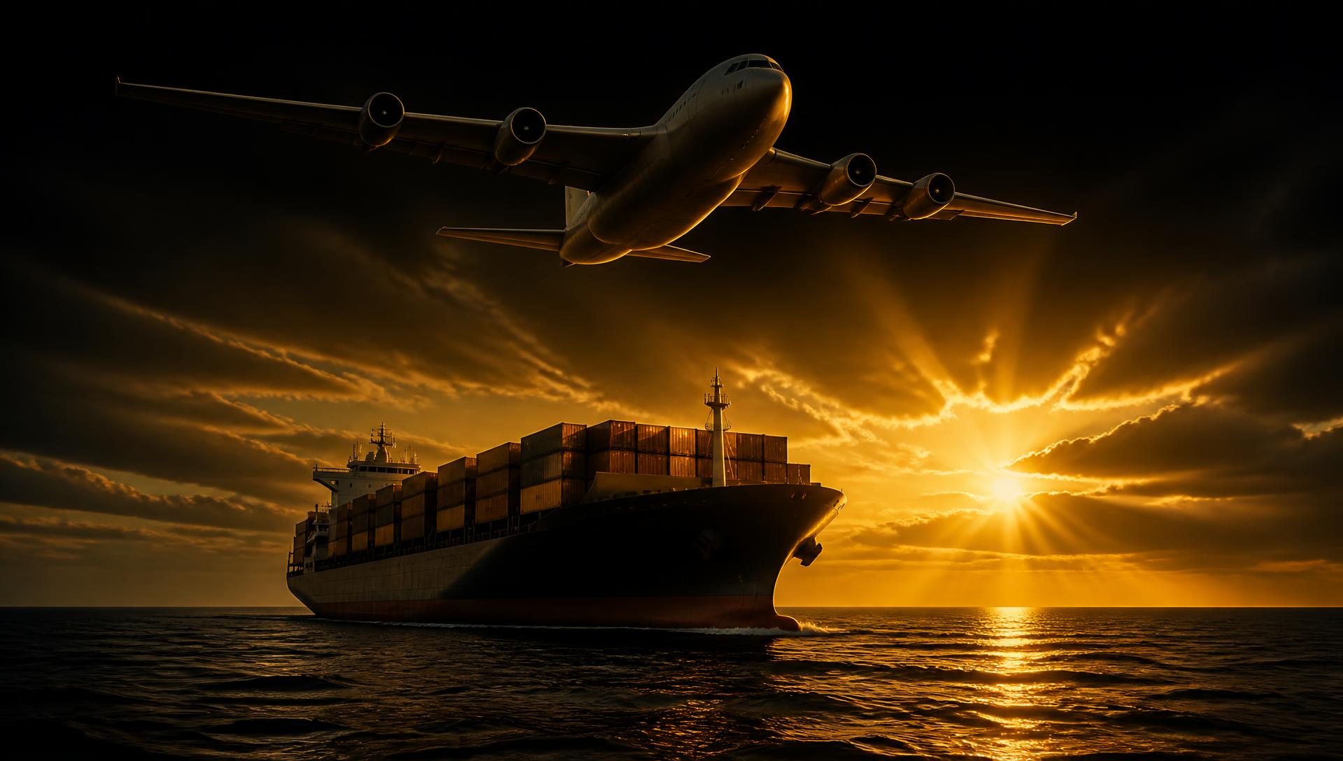 Air cargo and sea freight at sunset